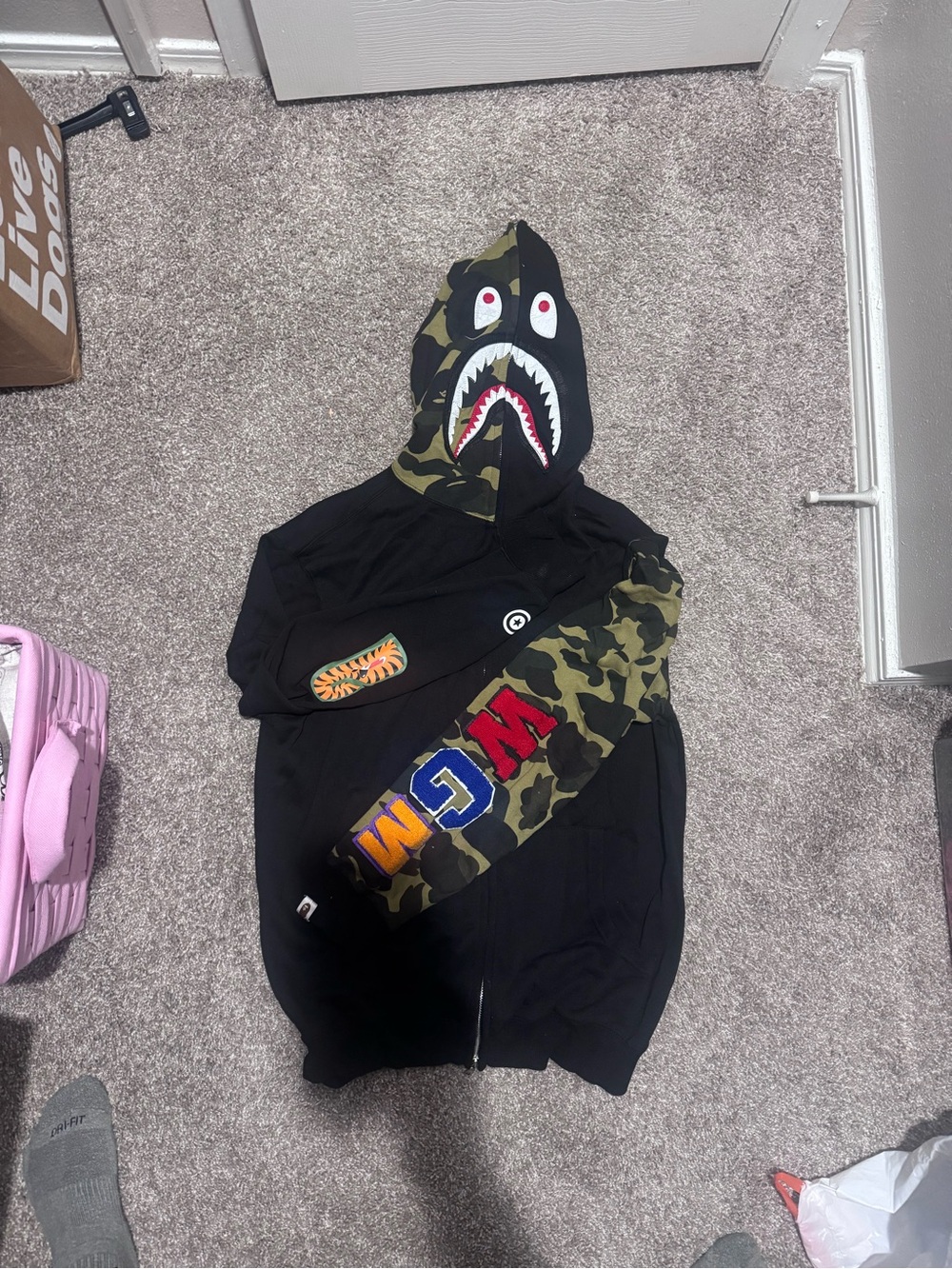 Bape Black Zip-Up Hoodie with Camo Shark Hood and Multicolor Patch Sleeve